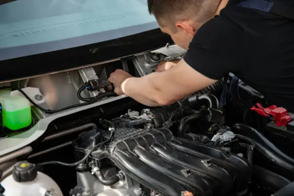 Mechanik pracuje przy silniku, podłączając przewody. Widać zbiornik płynu i elementy p0010.