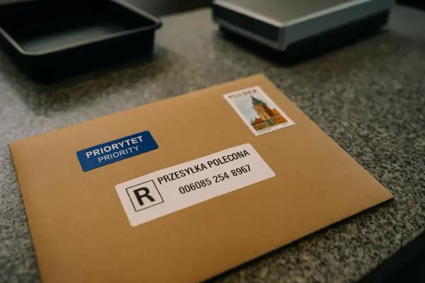 Koperta z naklejkami "PRIORYTET PRIORITY" i "PRZESYŁKA POLECONA" z numerem identyfikacyjnym.
