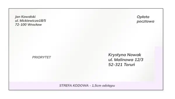 Poprawnie jak adresowac list: nadawca Jan Kowalski, odbiorca Krystyna Nowak. Pole "PRIORYTET" i "Opłata pocztowa" widoczne.